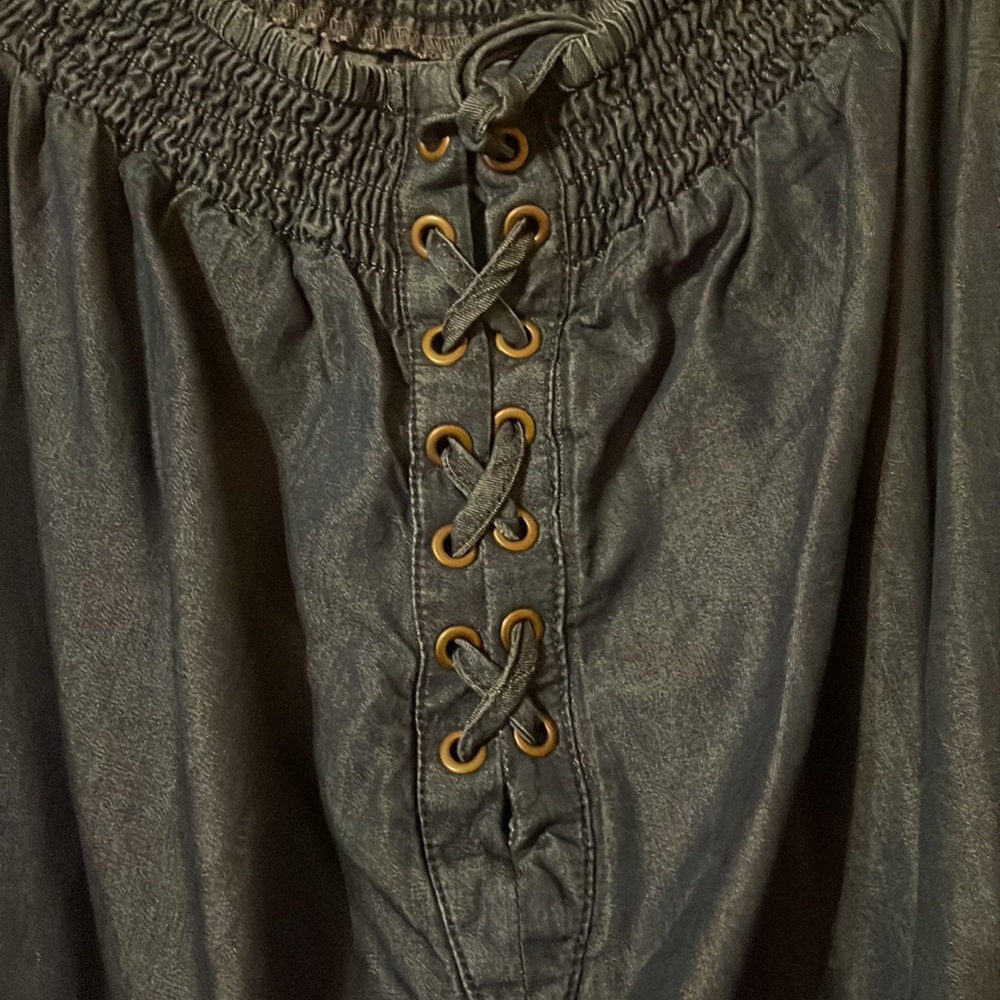 NWT 2X. Off shoulder Boutique denim dress Tie up accent at neck - Picture 3 of 6